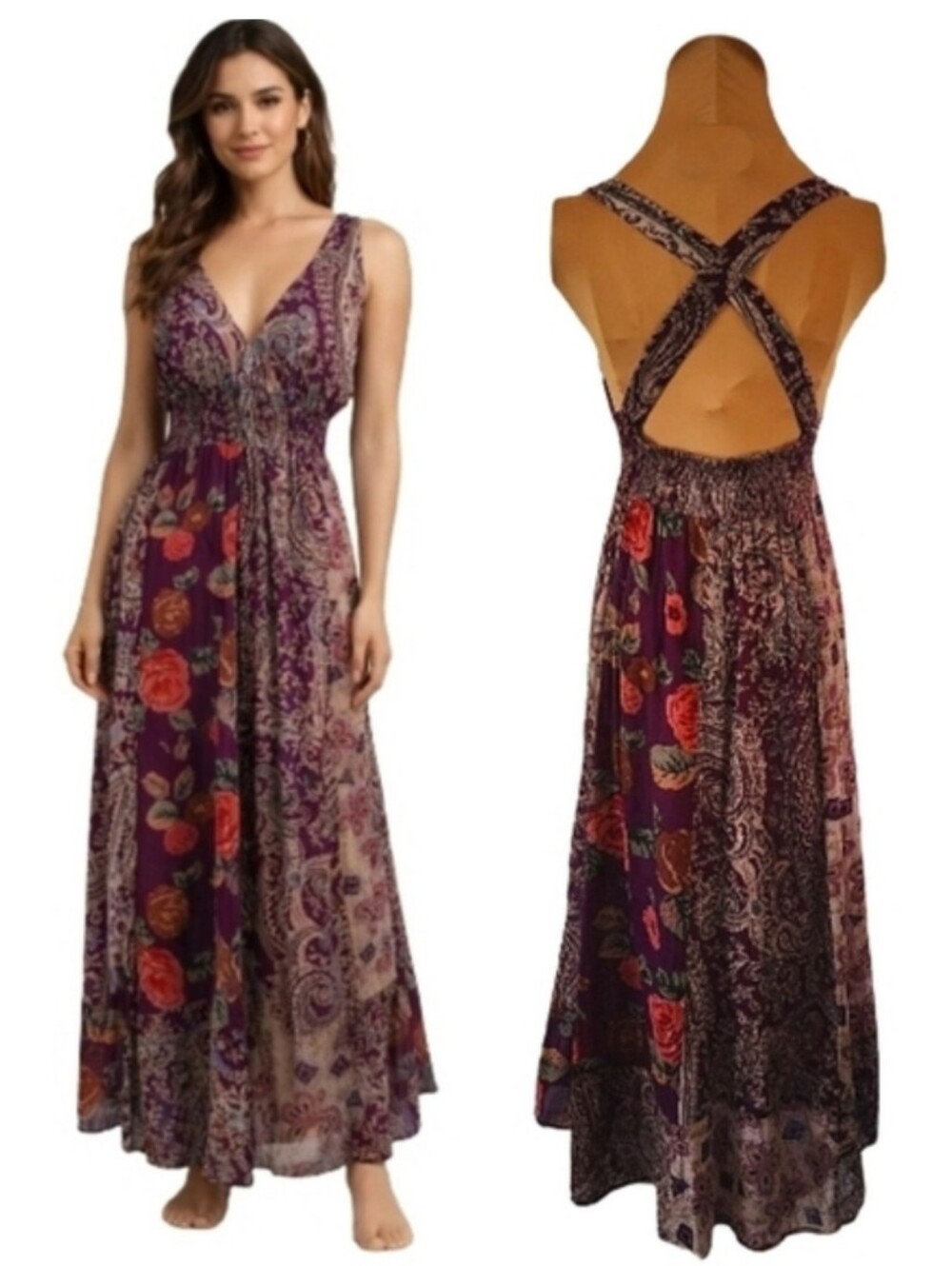 Solitaire Los‎ Angeles Purple Paisley Floral Cotton Maxi Dress Boho Open Back M